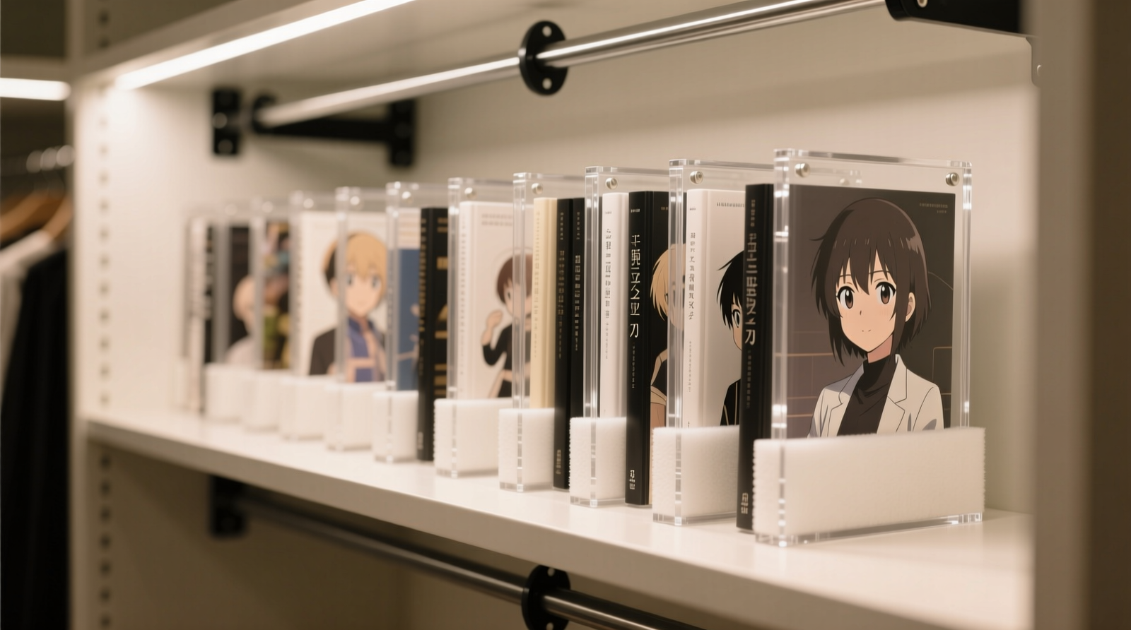 A clean, well-lit closet shelf showing anime art books standing vertically with uniform spacing, each inside a crystal-clear acrylic slipcase, flanked by custom-cut white archival foam spacers and supported by powder-coated steel brackets. No visible dust, no glare on covers.