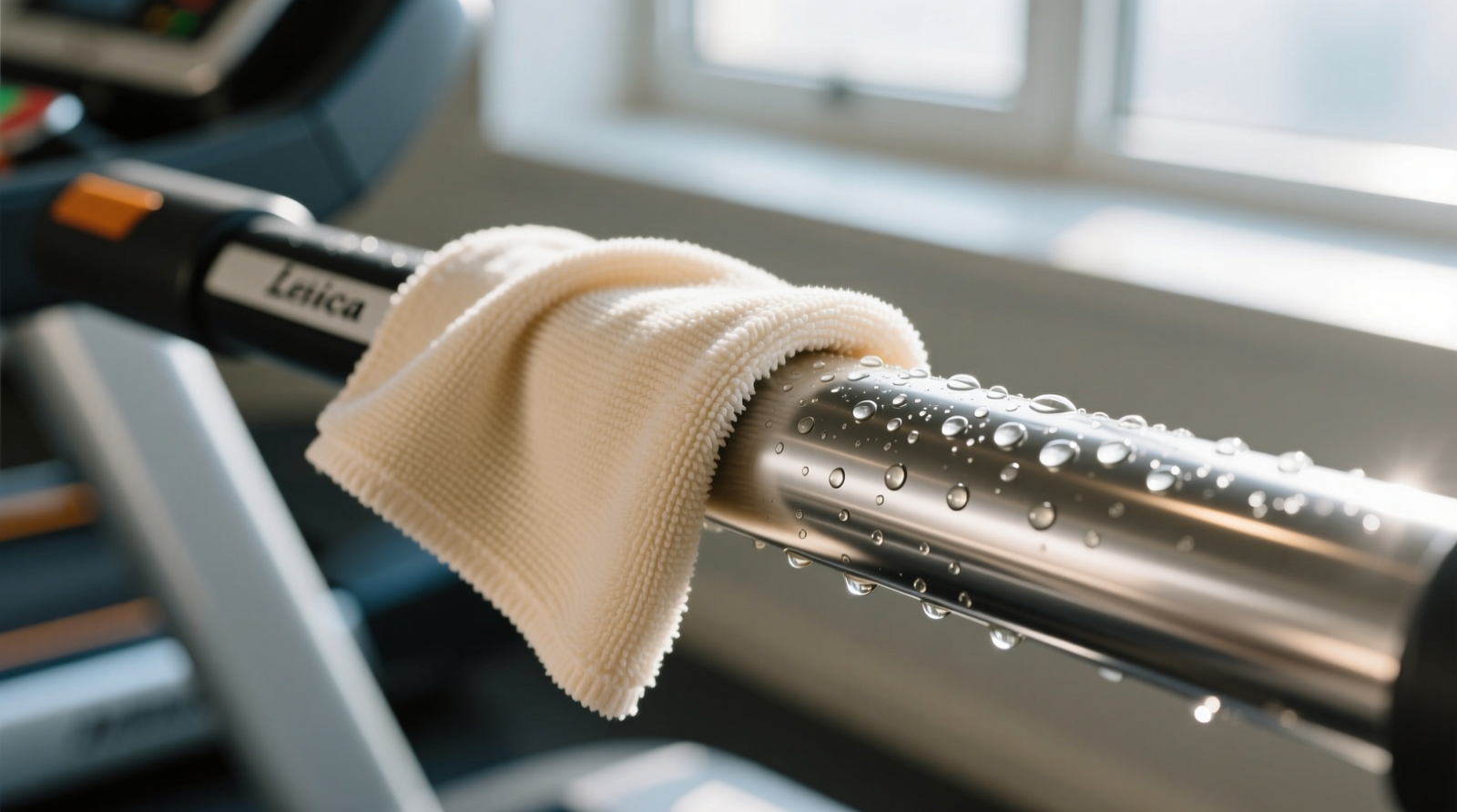 Close-up of a microfiber cloth wiping a treadmill handle sprayed with clear liquid; visible droplets glisten under natural light, no streaks or residue