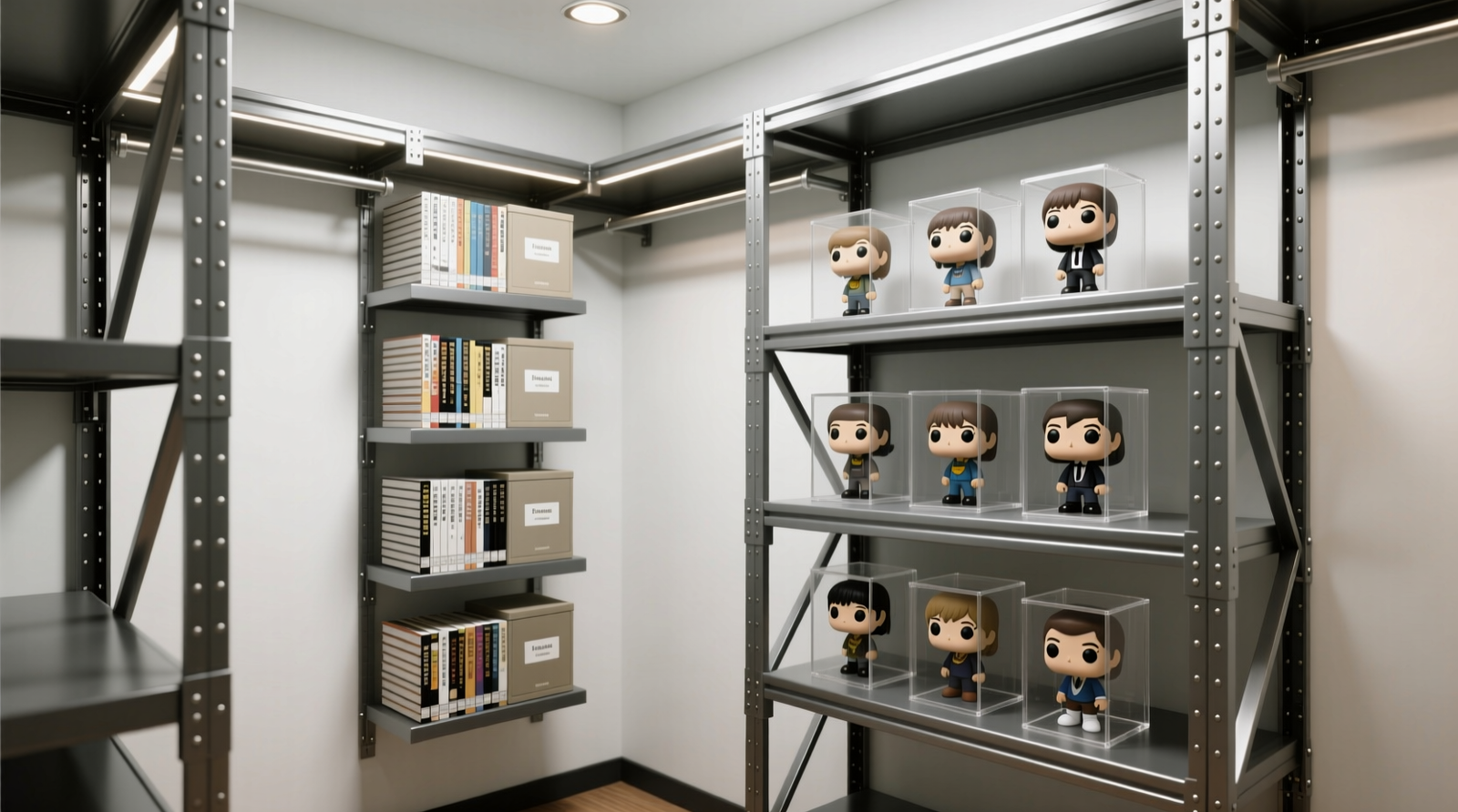 A tension-mounted, floor-to-ceiling steel shelving unit installed inside a standard reach-in closet, holding vertically stacked manga in archival book boxes and Funko Pops in clear, ventilated acrylic bins—no screws visible in walls, all weight visibly borne by floor and ceiling contact points.