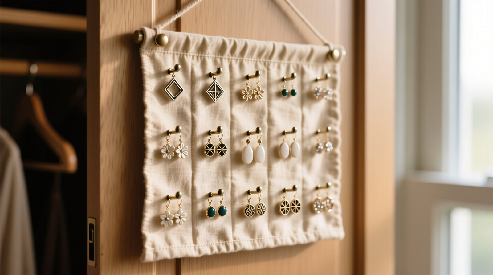 Close-up of a beige linen hanging jewelry organizer mounted on a closet door, showing 16 evenly spaced vertical earring slots—each holding a different stud earring with visible posts and backs, all facing forward and fully illuminated by natural light