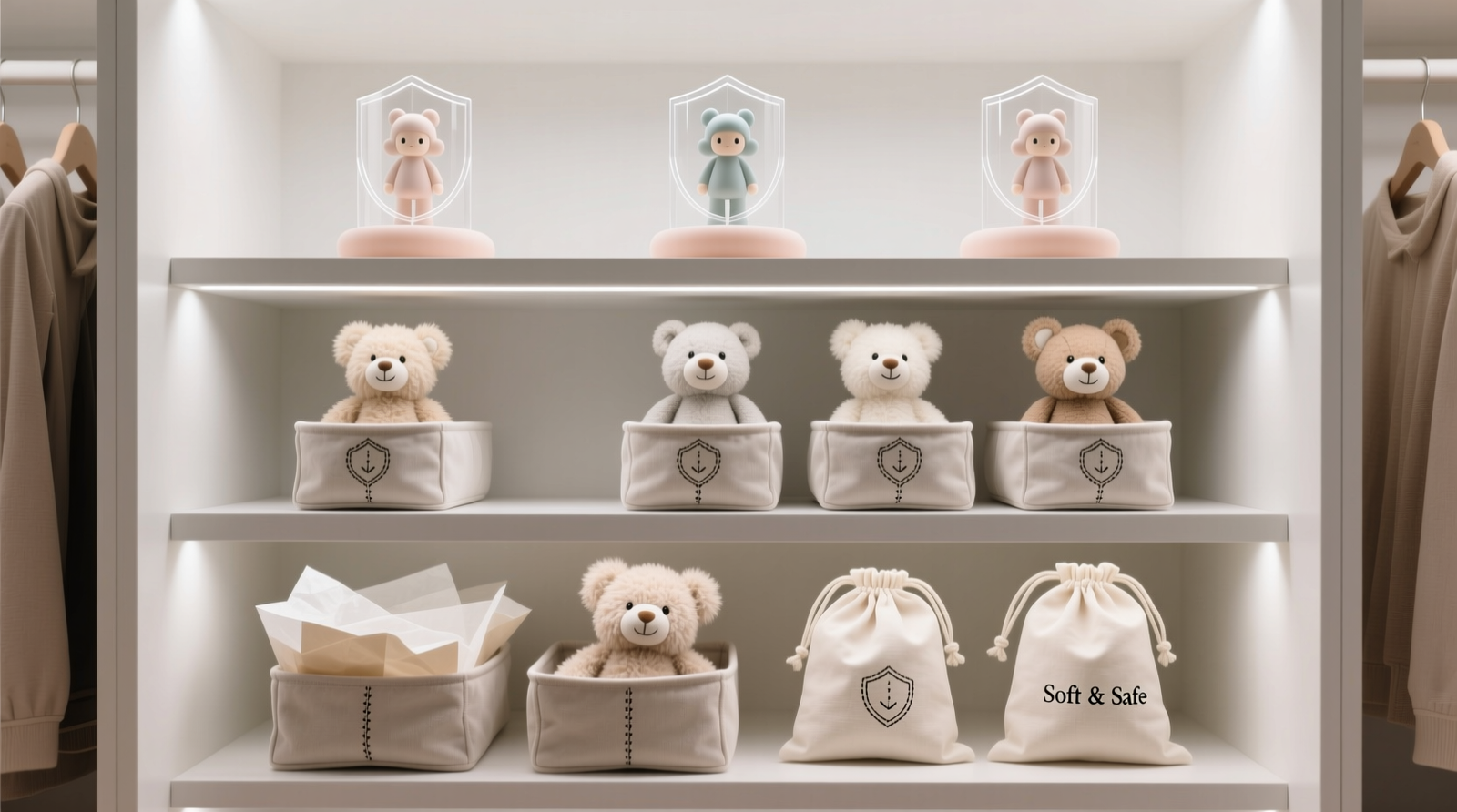 Closet shelf showing three-tiered organization: top row with acrylic-shielded figurines on silicone pads, middle row with upright plushies in microfiber-lined shallow bins, bottom row with acid-free tissue-wrapped plushies inside breathable cotton bags