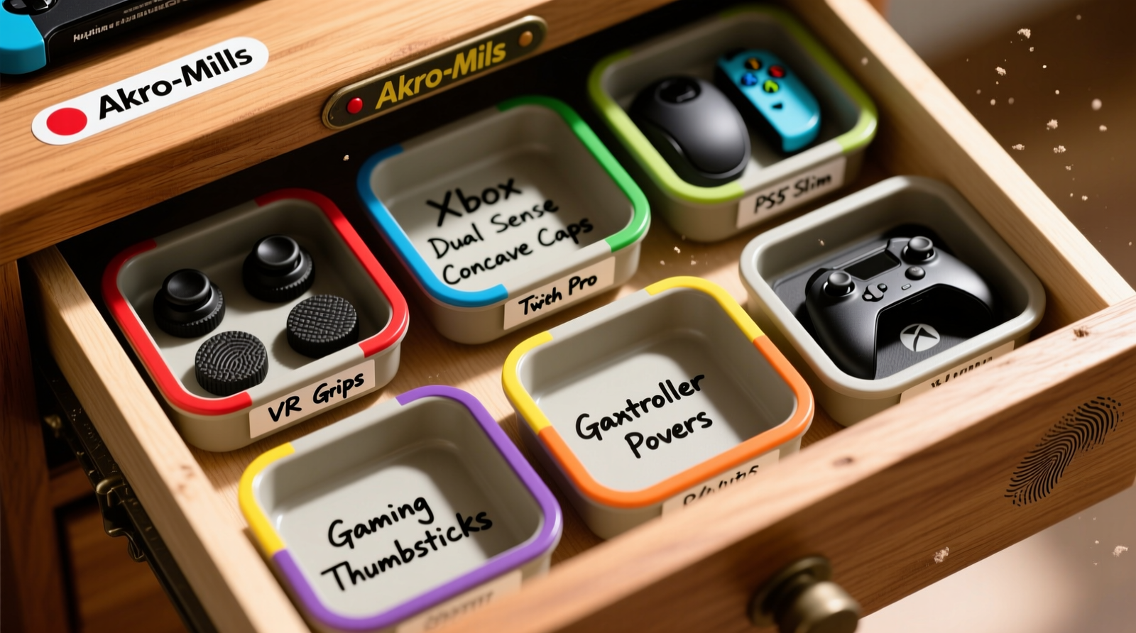 A clean, well-lit closet shelf showing six upright acrylic controller slots, each holding a PlayStation DualSense and Xbox Wireless controller side-by-side; color-coded rubber bands visible at bases; charging cables routed straight down into labeled adhesive clips, then feeding neatly into a central USB hub beneath the shelf.