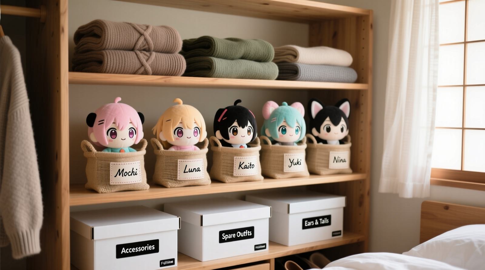 Three-tier closet system: top shelf holds folded sweaters, middle shelf displays five upright anime plushies in open-weave canvas bins with labeled dividers, bottom shelf contains labeled shoeboxes for plush accessories and spare outfits