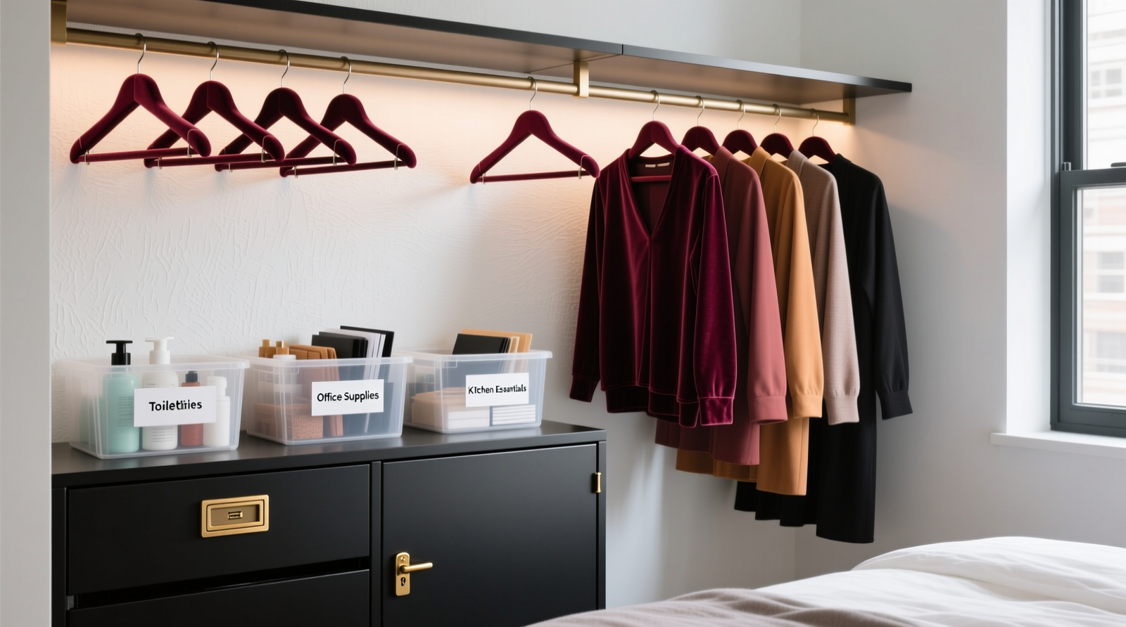 A well-organized closet with three distinct zones: labeled translucent bins at eye level for shared items, locked metal cabinet at waist height for personal documents, and open hanging rods above with uniform velvet hangers and color-sorted clothing