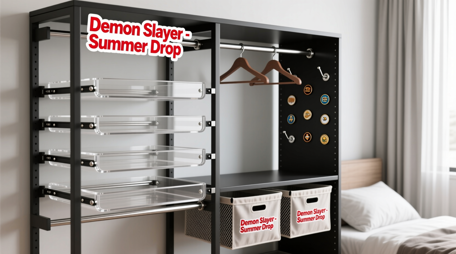 A freestanding modular closet frame with interchangeable components: telescoping garment rods, clear acrylic slide-out trays for blind boxes, magnetic hooks holding enamel pins, and ventilated fabric bins labeled 'Demon Slayer – Summer Drop'