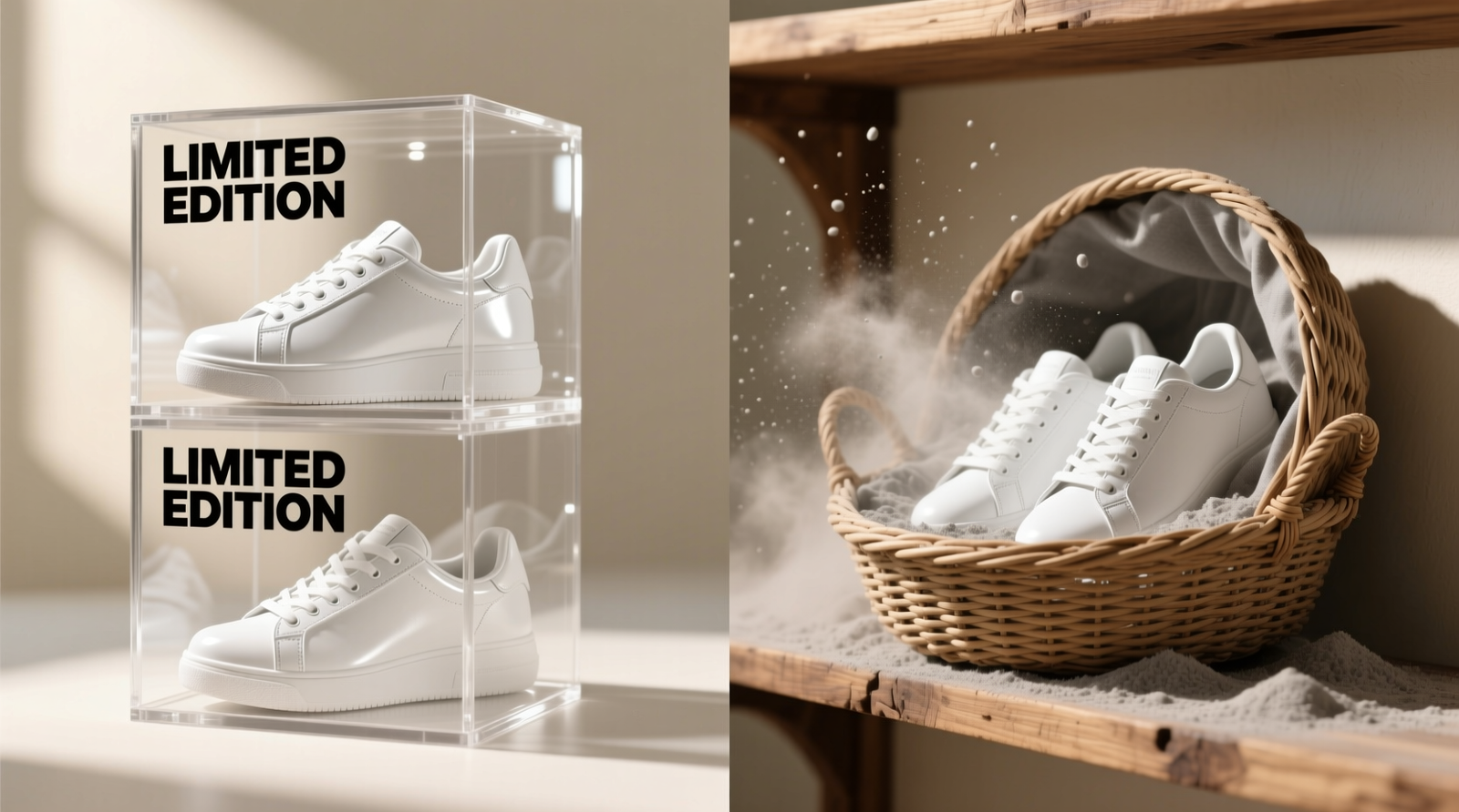 Side-by-side comparison: left side shows pristine white sneakers inside sealed clear acrylic boxes with visible labels; right side shows same shoe style partially obscured by fine gray dust inside an open-woven seagrass basket on a wooden shelf