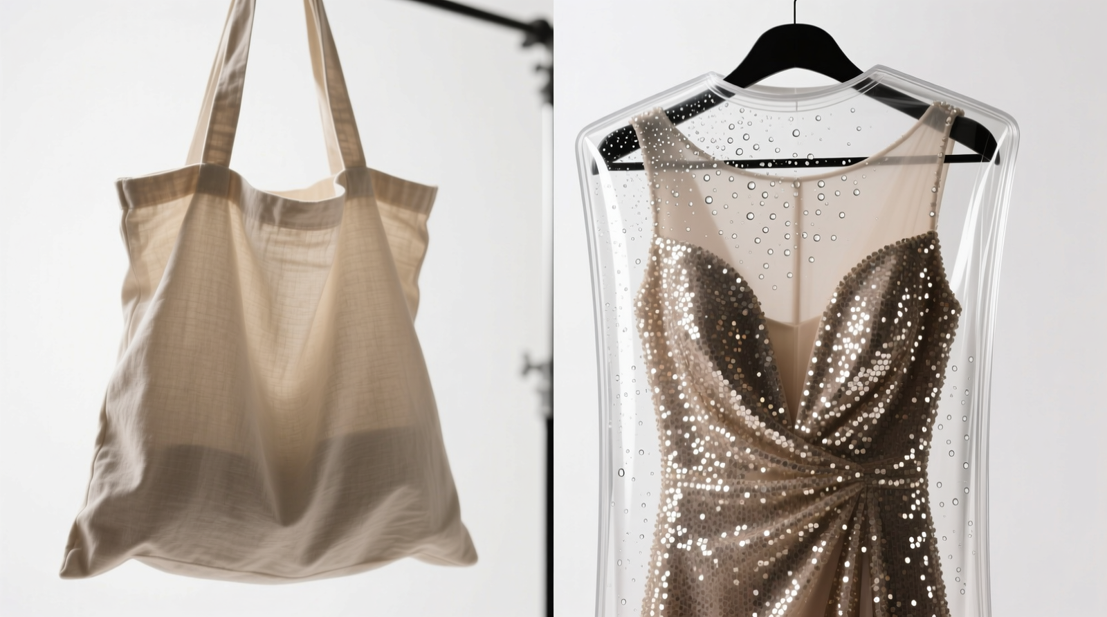 Side-by-side comparison: a sequined evening gown hanging inside a natural-toned cotton garment bag versus the same dress under a rigid, glossy acrylic cover—highlighting visible condensation droplets on the interior surface of the acrylic