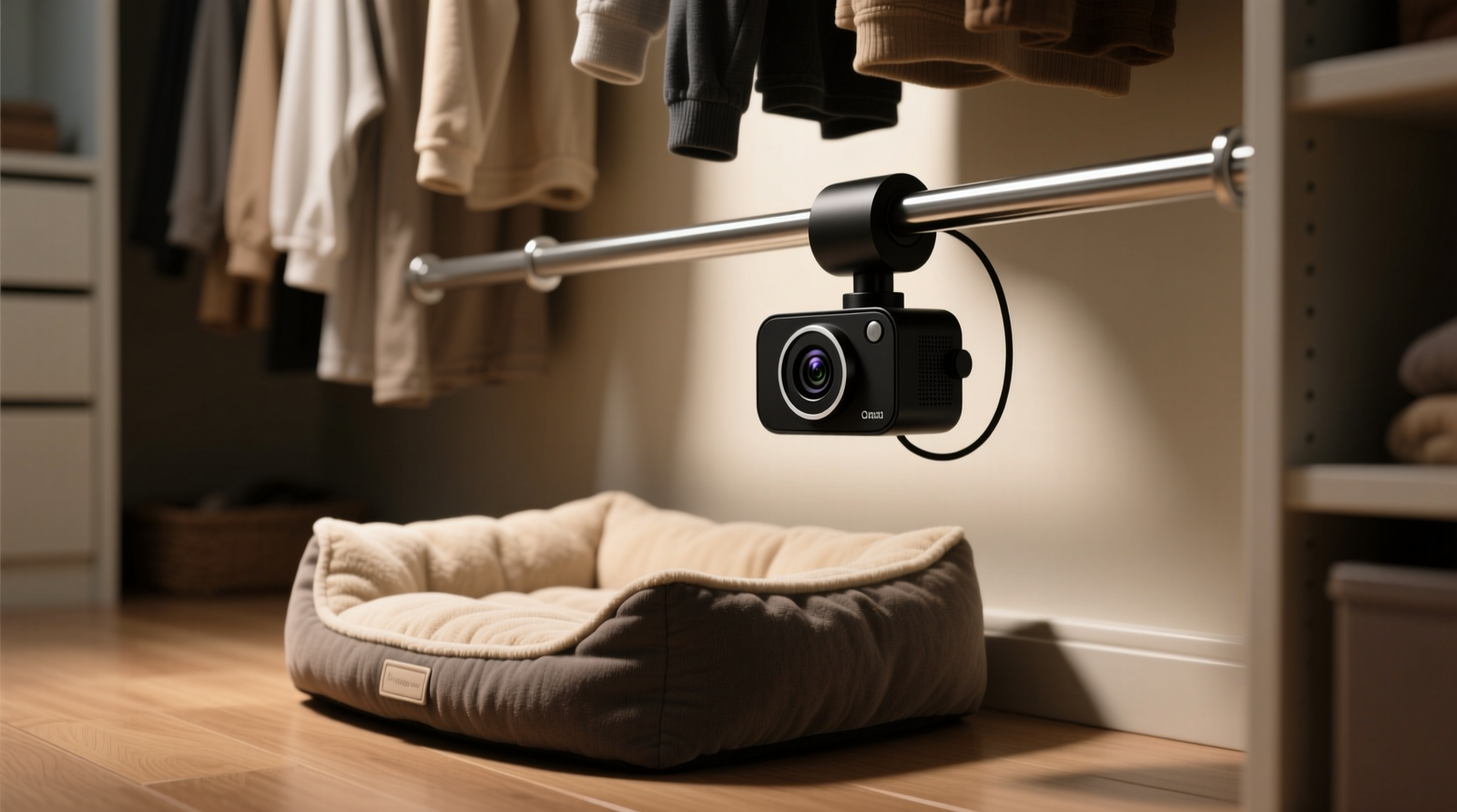 A compact, matte-black pet camera mounted magnetically on a steel closet rod, angled downward toward a soft dog bed positioned on the closet floor—no cables visible, hangers neatly spaced to avoid lens obstruction