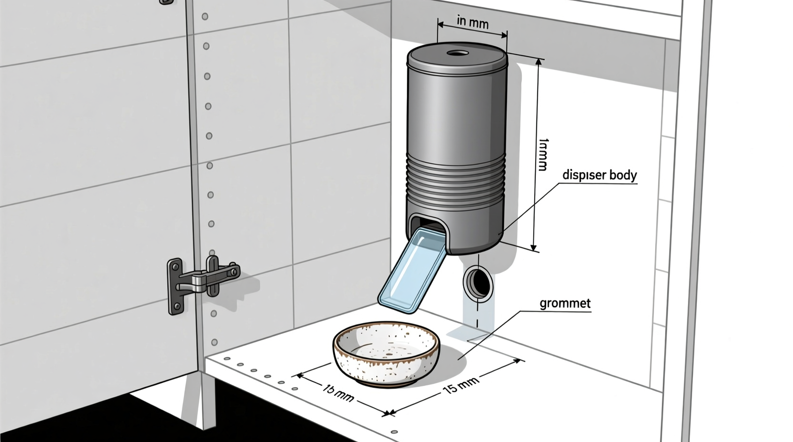 Side-view schematic showing a compact cylindrical treat dispenser mounted vertically on the interior left wall of a standard base cabinet, with its chute exiting downward through a grommet-lined hole in the cabinet floor and terminating just above a small ceramic dish placed on the closet floor