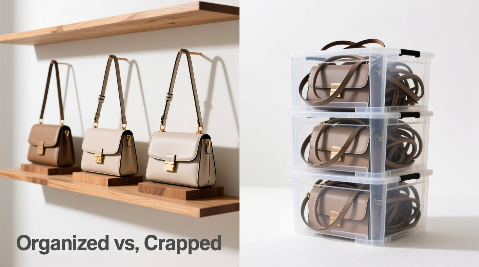 Two side-by-side closet shelf comparisons: left shows three handbags upright on low-profile wooden shelf risers with straps freely hanging; right shows same bags crammed into three-tier plastic stackable bins with straps visibly bent and overlapping