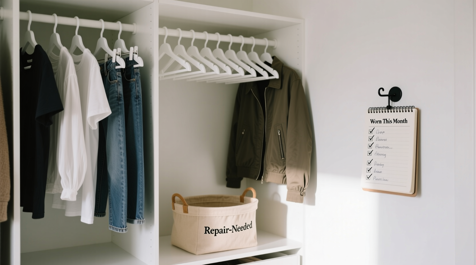 A minimalist closet showing uniform hangers, grouped by category (tops, bottoms, outerwear), with a single labeled basket for 'repair-needed' items and a small wall-mounted notebook open to a checklist titled 'Worn This Month'