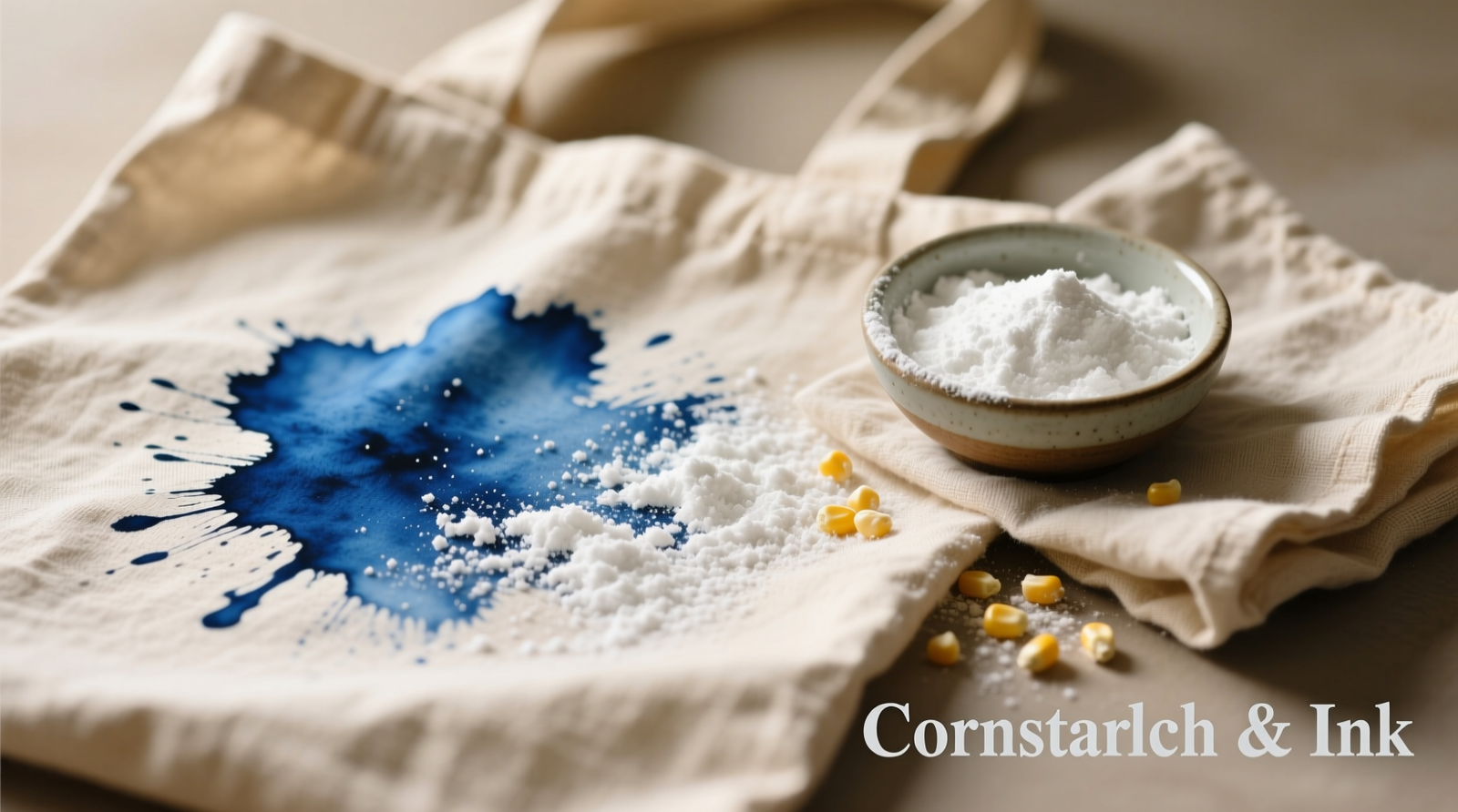Close-up photo showing white cornstarch evenly dusted over a fresh blue ink stain on a natural beige organic cotton tote bag, with a small bowl of cornstarch and a clean linen cloth beside it