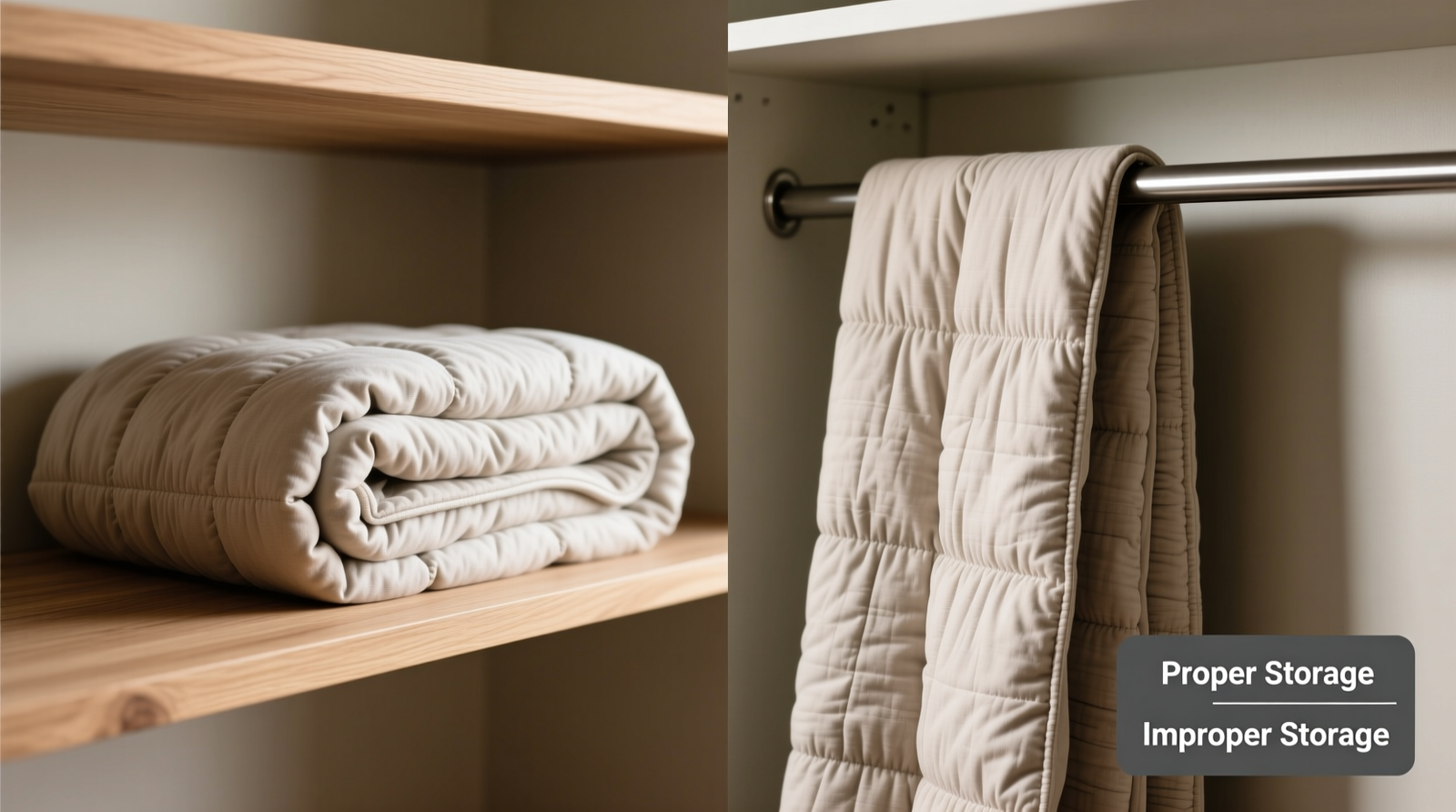 A weighted blanket folded in a loose accordion pattern inside an open cotton garment bag, placed upright on a shallow wooden shelf beside a small hygrometer showing 52% humidity and 68°F