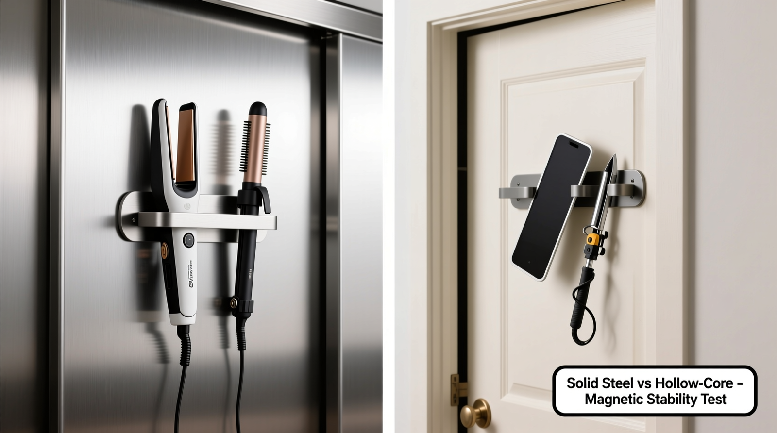 Side-by-side comparison: correctly installed magnetic organizer on solid steel closet door holding flat iron and curling wand versus same organizer sagging on hollow-core door with tools slipping out