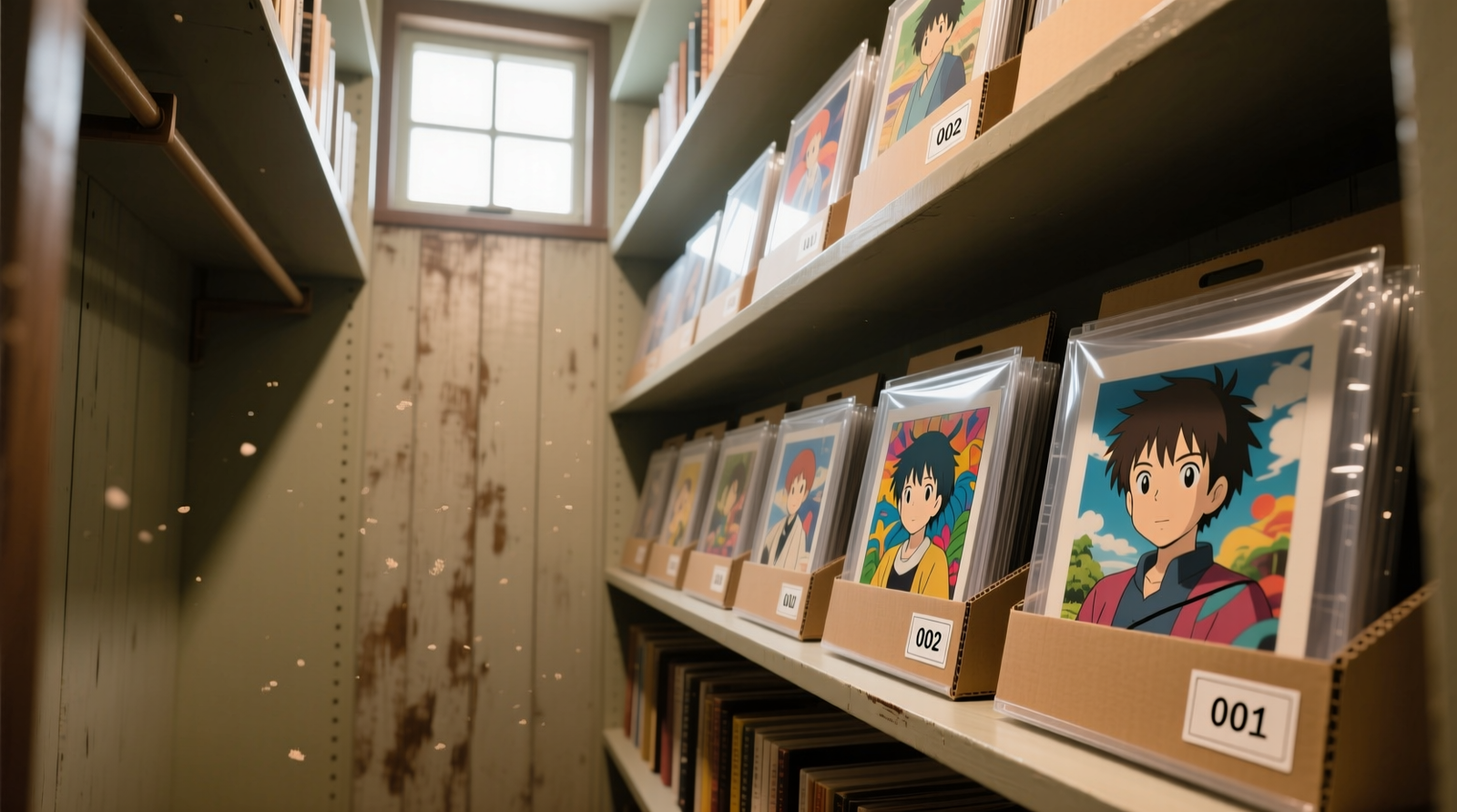 A narrow closet interior with shallow, labeled bookshelf zones holding vertically aligned archival sleeves; each sleeve contains a vibrant anime fanart print or signed poster, backed by rigid board and tagged with a small numbered label