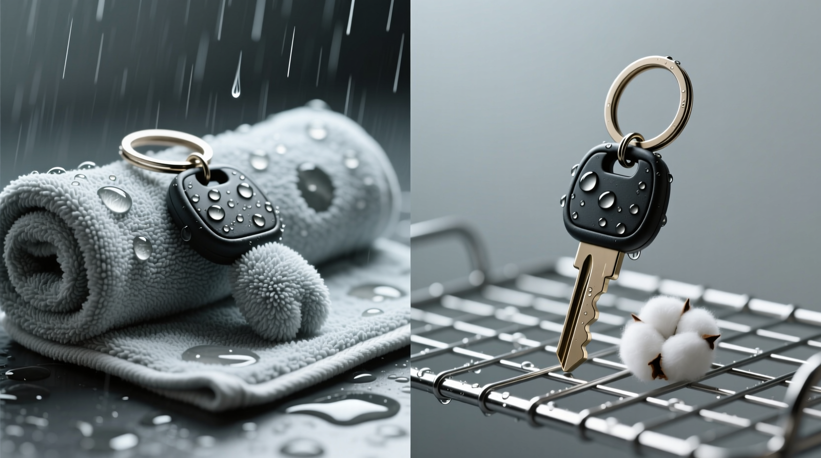 Side-by-side comparison: left shows a rain-soaked plush keychain laid flat on a rolled microfiber towel; right shows the same keychain upright on a stainless steel mesh drying rack with a white cotton ball partially visible at its base seam