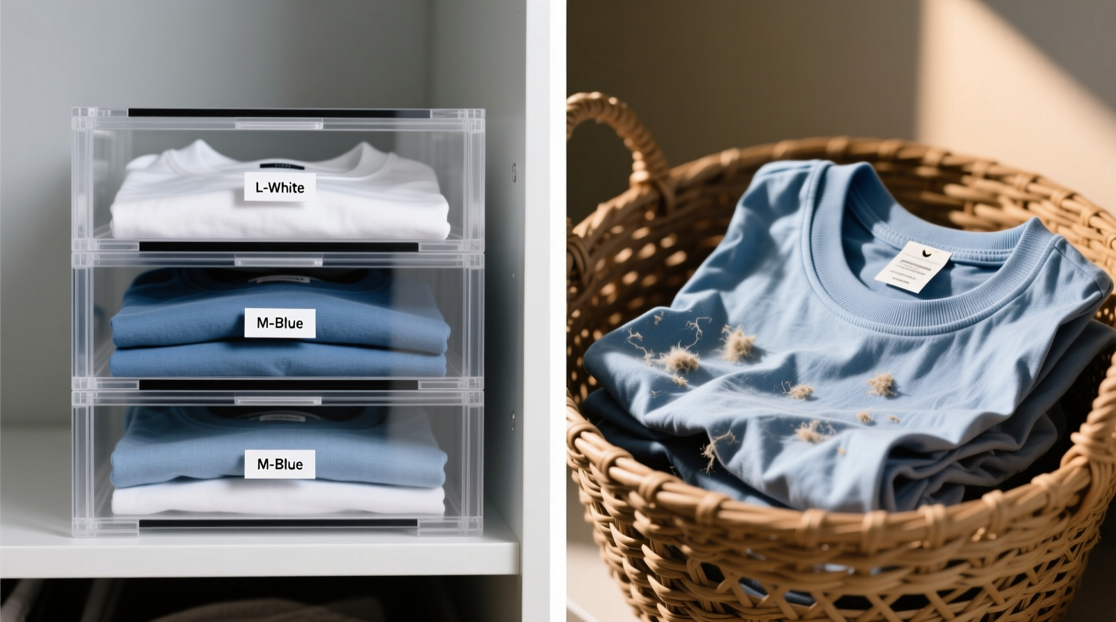 Side-by-side comparison: left shows neatly stacked t-shirts in clear acrylic drawer with visible labels and crisp edges; right shows same t-shirts in seagrass basket with leaning folds, visible lint, and obscured labels