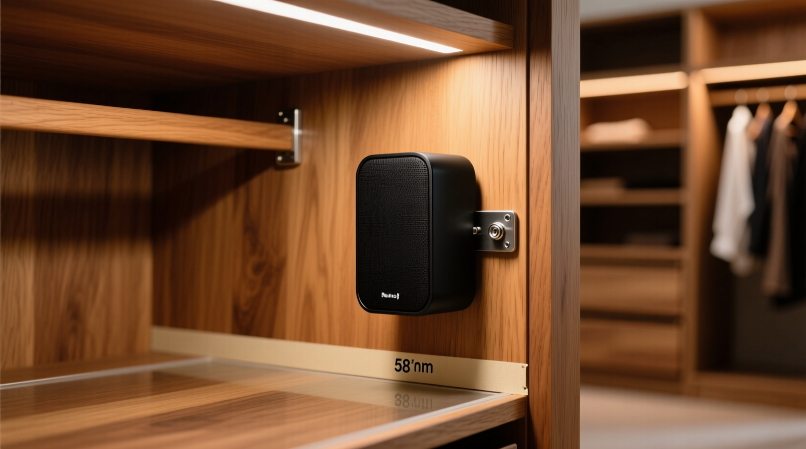 A minimalist, matte-black Bluetooth speaker mounted vertically on the interior side panel of a walk-in closet, positioned at chest height, with clean cable routing along the frame and zero visual obstruction from hanging blazers or folded sweaters
