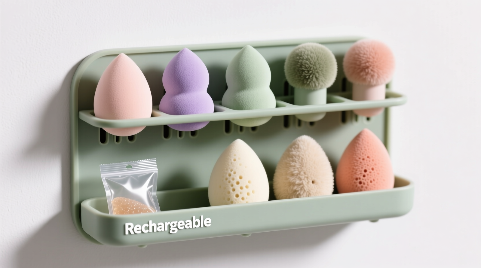 Wall-mounted silicone rack holding six beauty sponges and three velour puff applicators vertically, each spaced 2 inches apart, with visible airflow gaps and a small reusable silica gel pack nestled in the bottom tray