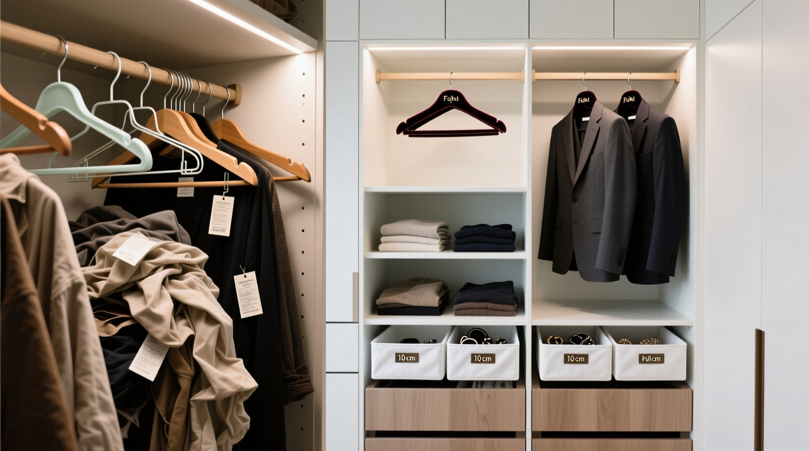 Side-by-side closet comparison: left shows cluttered, single-height hanging with mixed hangers and obscured labels; right shows clean three-zone system with labeled velvet hangers, consistent spacing, and shallow pull-out bins at base