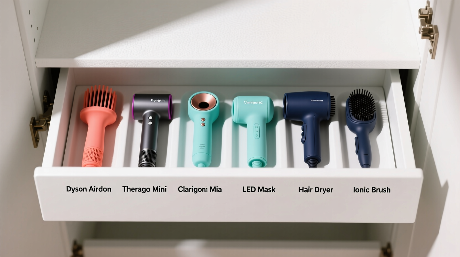 Close-up photo showing three labeled cable reels mounted vertically on the beige interior side panel of a walk-in closet, each holding a neatly wound cord: one white (for a facial roller), one rose gold (for a hair dryer), and one matte black (for a microcurrent device). Labels are legible, sans-serif, and aligned at the same height.