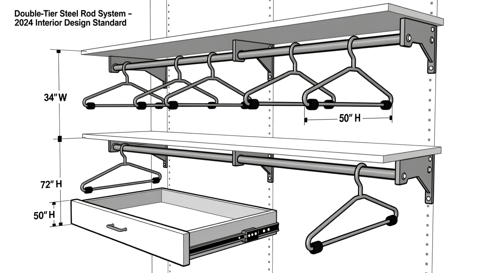 A narrow 30-inch-wide closet showing double-hang rods, slim black velvet hangers, a single adjustable shelf holding two flat vacuum bags labeled 'Fall Knits' and 'Spring Linens', and a low-profile rolling bin beside the door containing scarves and belts