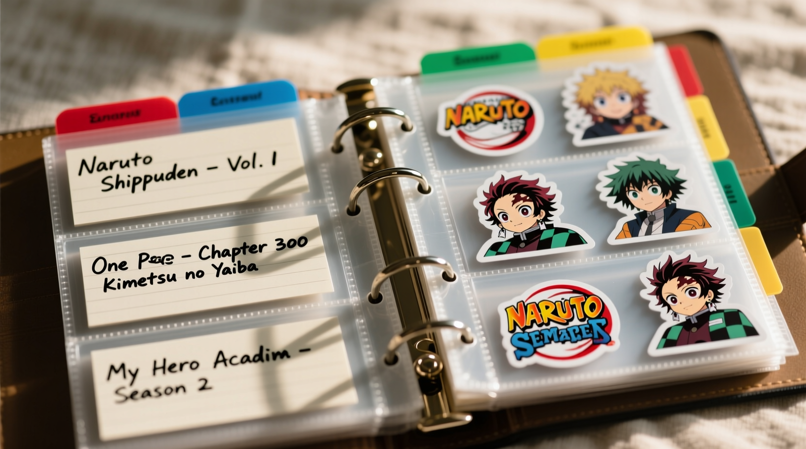 Open 2-inch D-ring binder showing neatly aligned anime sticker sheets inside acid-free polypropylene pocket pages—each sheet visible, flat, and undamaged, with color-coded tabs and handwritten series labels on pocket edges