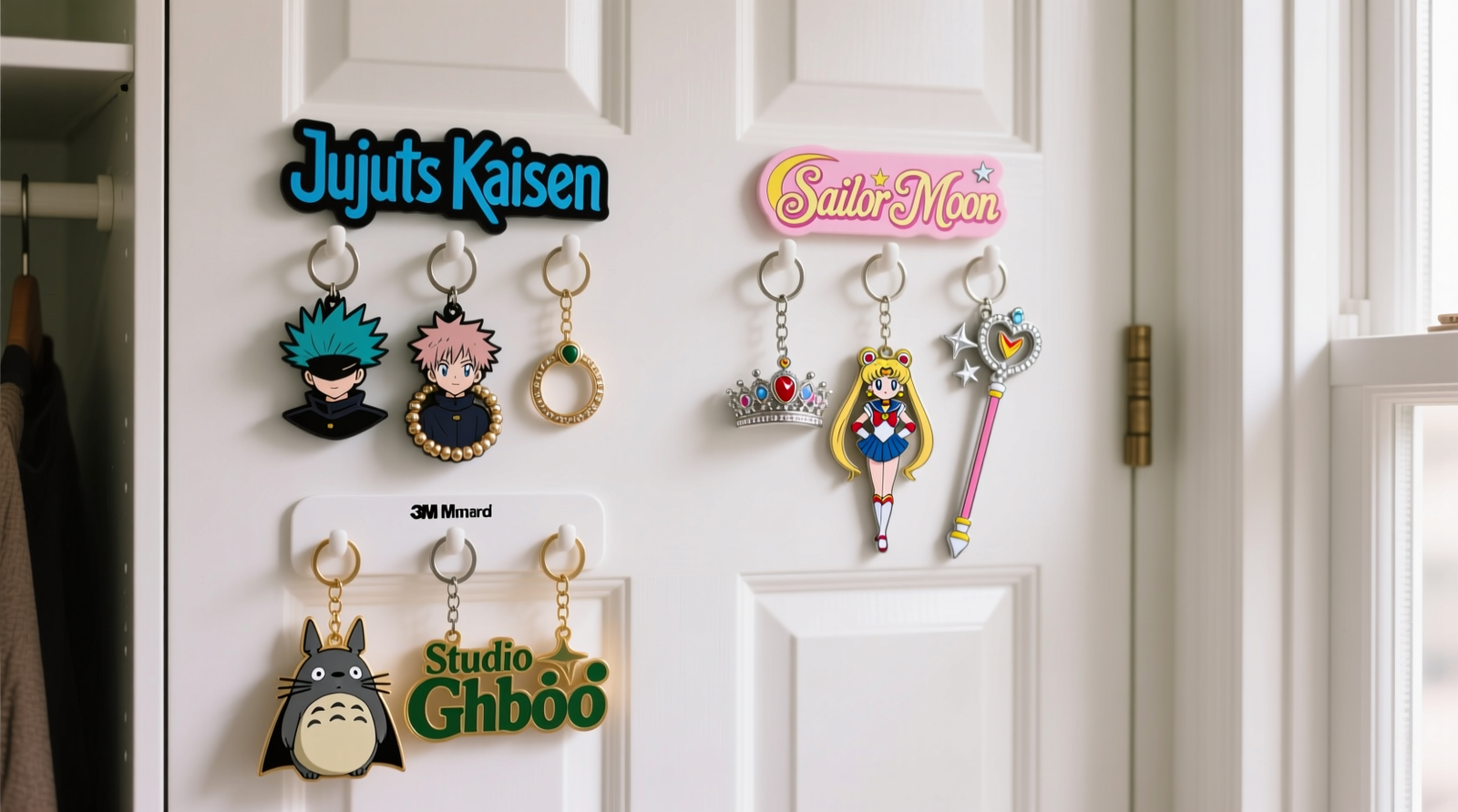 A white interior closet door with six evenly spaced 3M Command Medium Hooks arranged in two vertical columns; each hook holds 4–5 anime keychains grouped by series—top left: 'Jujutsu Kaisen' in blue/black tones, center right: 'Sailor Moon' in pastel pinks and silvers, bottom: 'Studio Ghibli' earthy greens and golds. No tangling visible; all charms face forward.