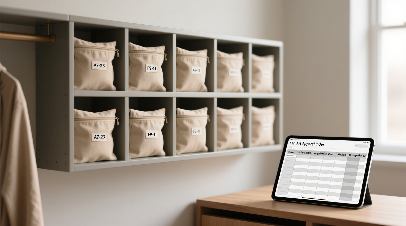 A minimalist closet shelf with uniform beige garment pouches labeled with discreet alphanumeric codes; no visible artwork, logos, or character imagery; a tablet nearby displays a clean spreadsheet titled 'Fan Art Apparel Index' with columns: Code, Artist Handle, Acquisition Date, Medium, Storage Box ID