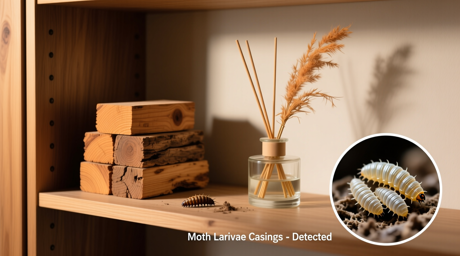 Side-by-side comparison: natural cedar blocks resting on a wooden closet shelf beside a faded reed diffuser in a glass vase, with a magnified inset showing intact moth larvae casings near the diffuser and none near the cedar