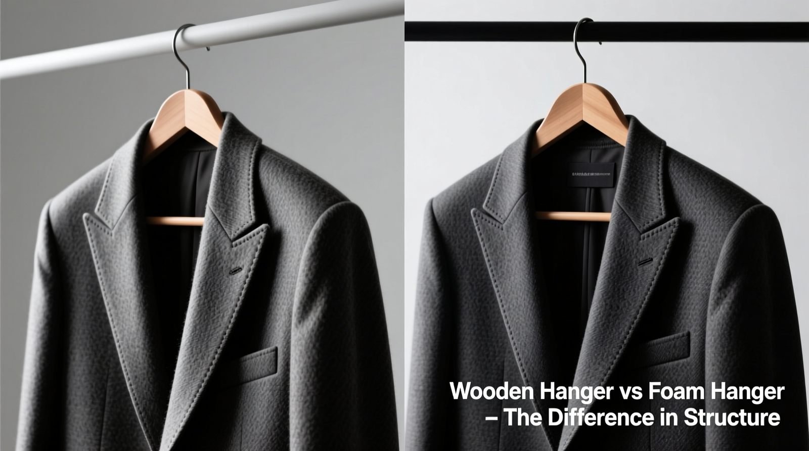 Side-by-side comparison showing a wool suit hung on a memory foam hanger (visible shoulder indentation and lapel sag) versus the same suit on a contoured wooden hanger (clean shoulder line, crisp lapel roll, balanced drape)