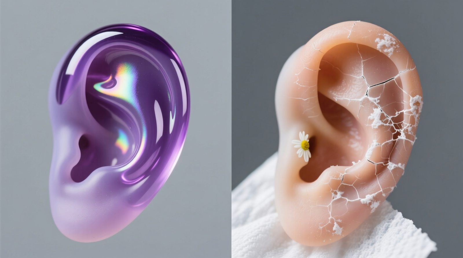 Side-by-side macro photography: left shows intact, glossy silicone ear tip after violet light + chamomile treatment; right shows same model after 10 alcohol wipes—dull surface, visible micro-cracks, and whitish residue buildup