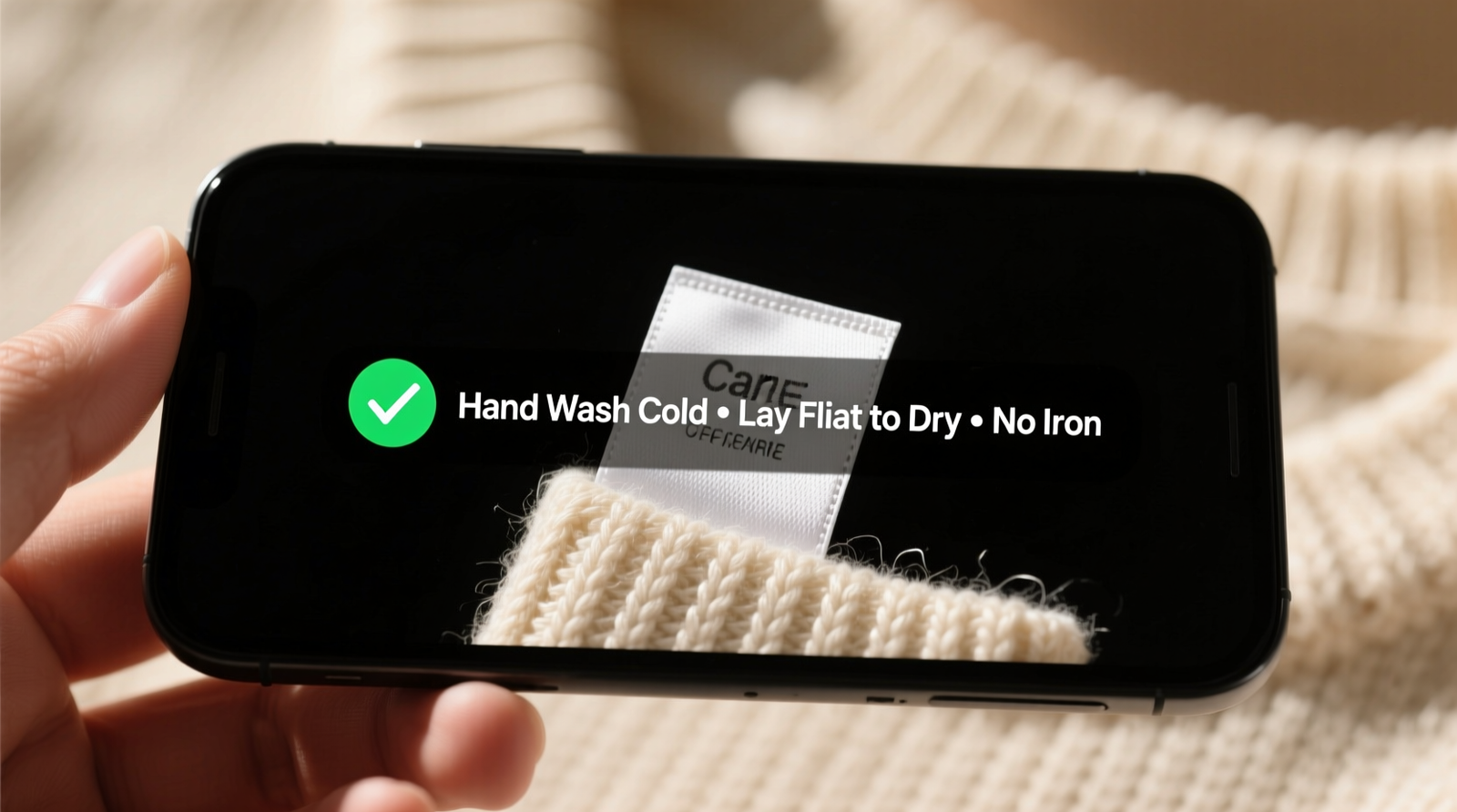 A smartphone held over a delicate wool sweater’s care label, with a clean UI overlay showing 'Hand Wash Cold • Lay Flat to Dry • No Iron' in bold type beside a green checkmark