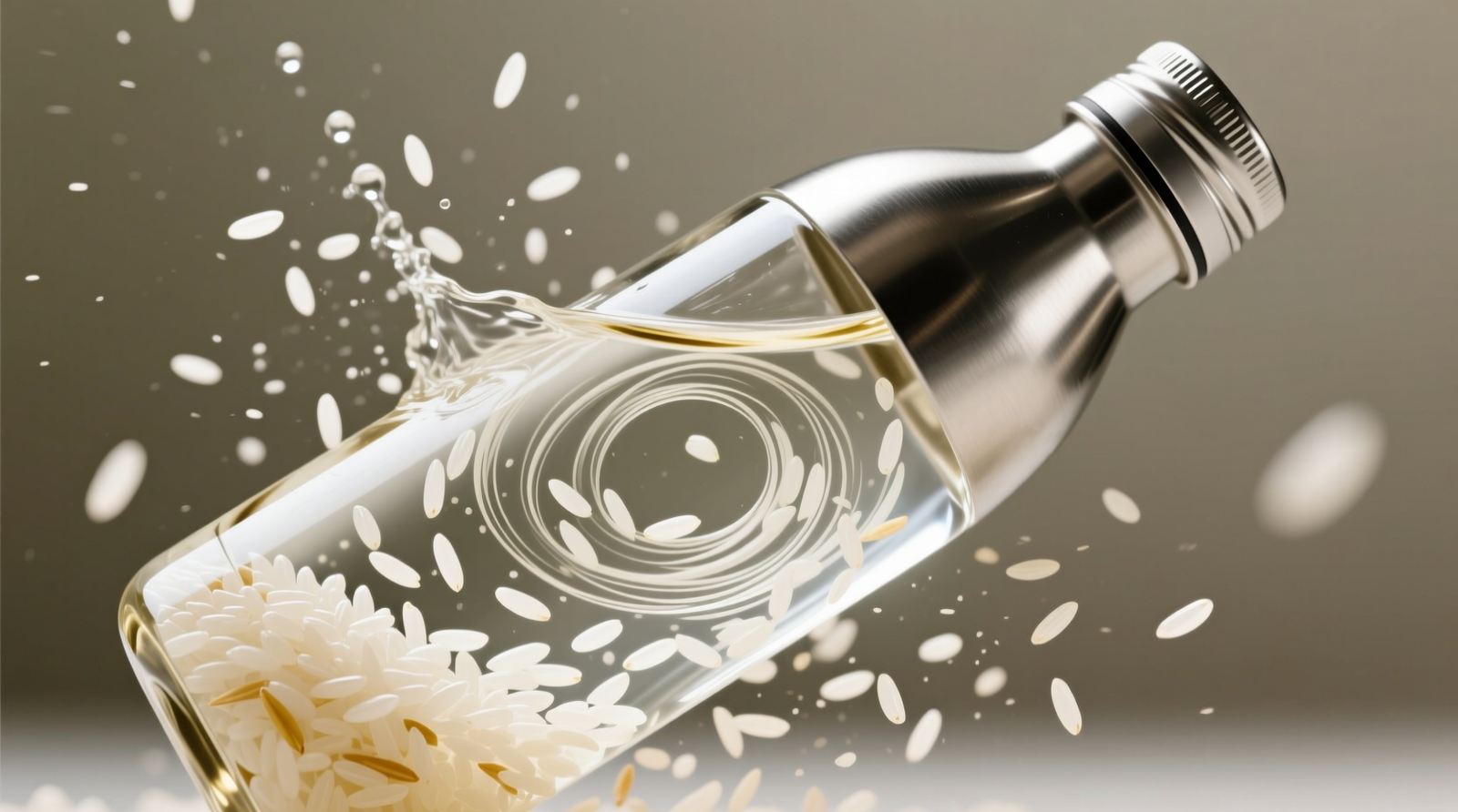 A stainless steel narrow-mouth water bottle tilted at 45 degrees, filled with swirling white rice grains and clear vinegar solution, mid-shake—showcasing dynamic grain movement against interior walls