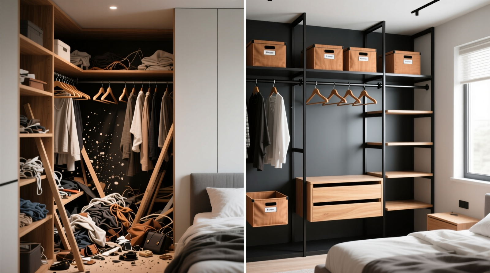 Side-by-side comparison: left shows a cluttered, mismatched closet with leaning shelves and tangled hangers; right shows a clean, track-based modular system with labeled fabric bins, staggered hanging rods, and open shelving at varying heights—all unified by matte black metal rails and consistent warm-wood accents