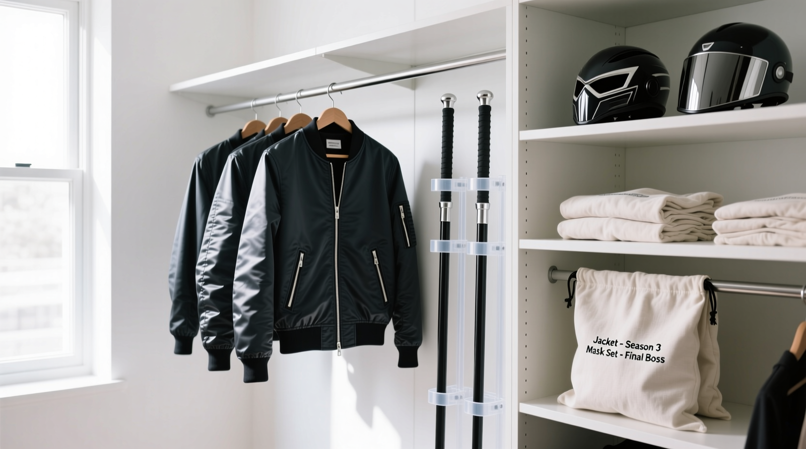 A well-lit closet section showing padded hangers holding structured cosplay jackets, vertical PVC stands holding staffs and helmets, and cotton garment bags draped neatly on shelf dividers—all spaced with 3 inches between items for airflow