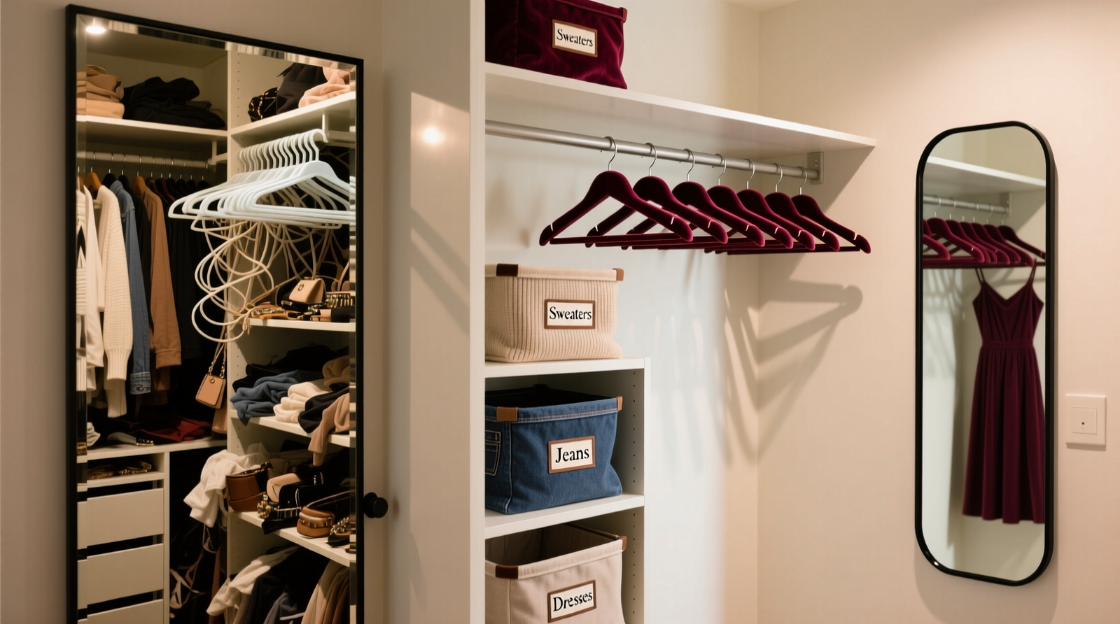 Side-by-side comparison: left shows a cluttered mirrored closet door reflecting tangled hangers and overflowing shelves; right shows an unmirrored closet with uniform velvet hangers, labeled fabric bins, and a freestanding full-length mirror mounted on the adjacent wall