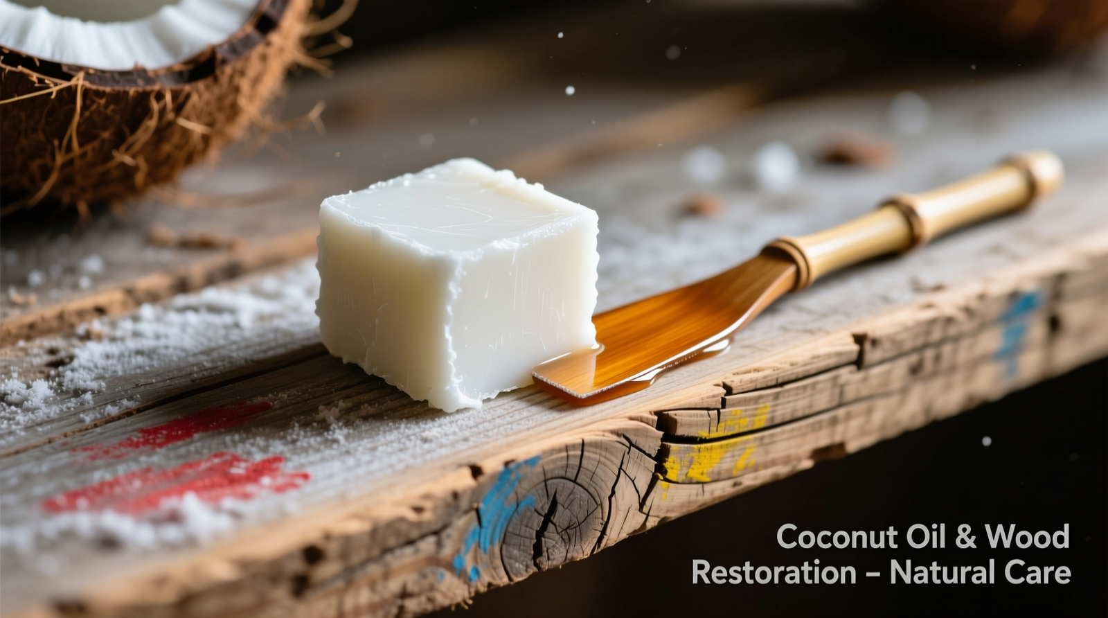Close-up photo showing a chilled, opaque white cube of coconut oil pressed gently onto a crayon-smudged section of rough-sawn reclaimed pine shelf, with a bamboo scraper angled parallel to the wood grain, ready to lift the wax cleanly