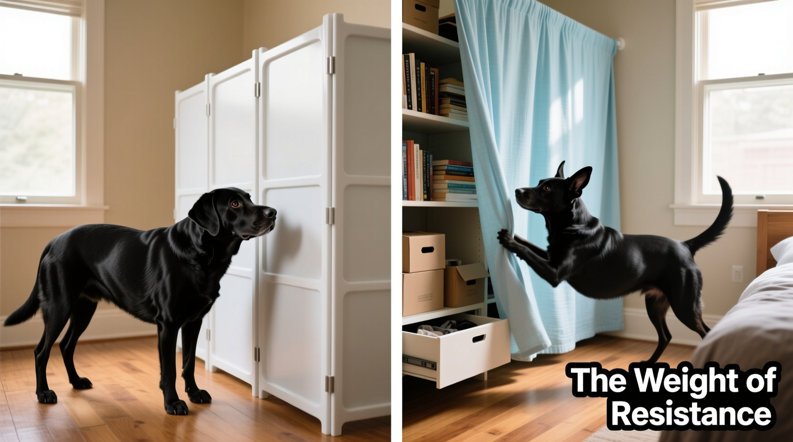 Side-by-side comparison: a black lab nudging a rigid foldable closet partition (unmoved) versus the same dog displacing a hanging fabric divider, causing it to tilt and expose cluttered shelves