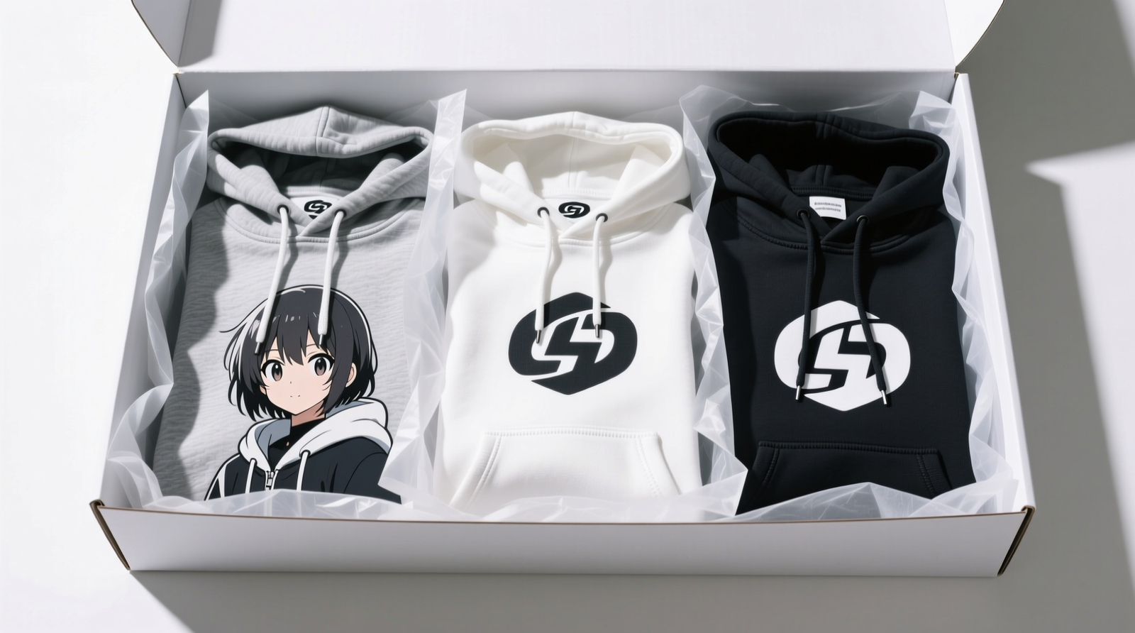 Side-by-side comparison: left shows anime hoodie hung logo-forward on thin hanger with visible chest sag and logo distortion; right shows same hoodie hung inside-out on wide padded hanger, logo fully supported and dimensionally intact