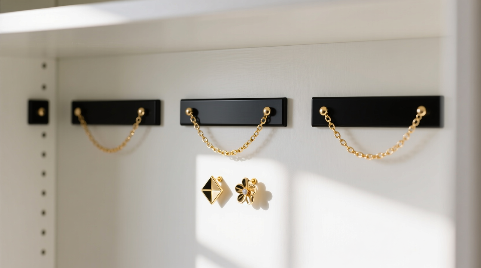 Close-up of a velvet-wrapped magnetic bar mounted vertically on white-painted drywall, with five necklaces hanging cleanly by their clasps—no overlapping, no twisting, each chain fully extended and separated