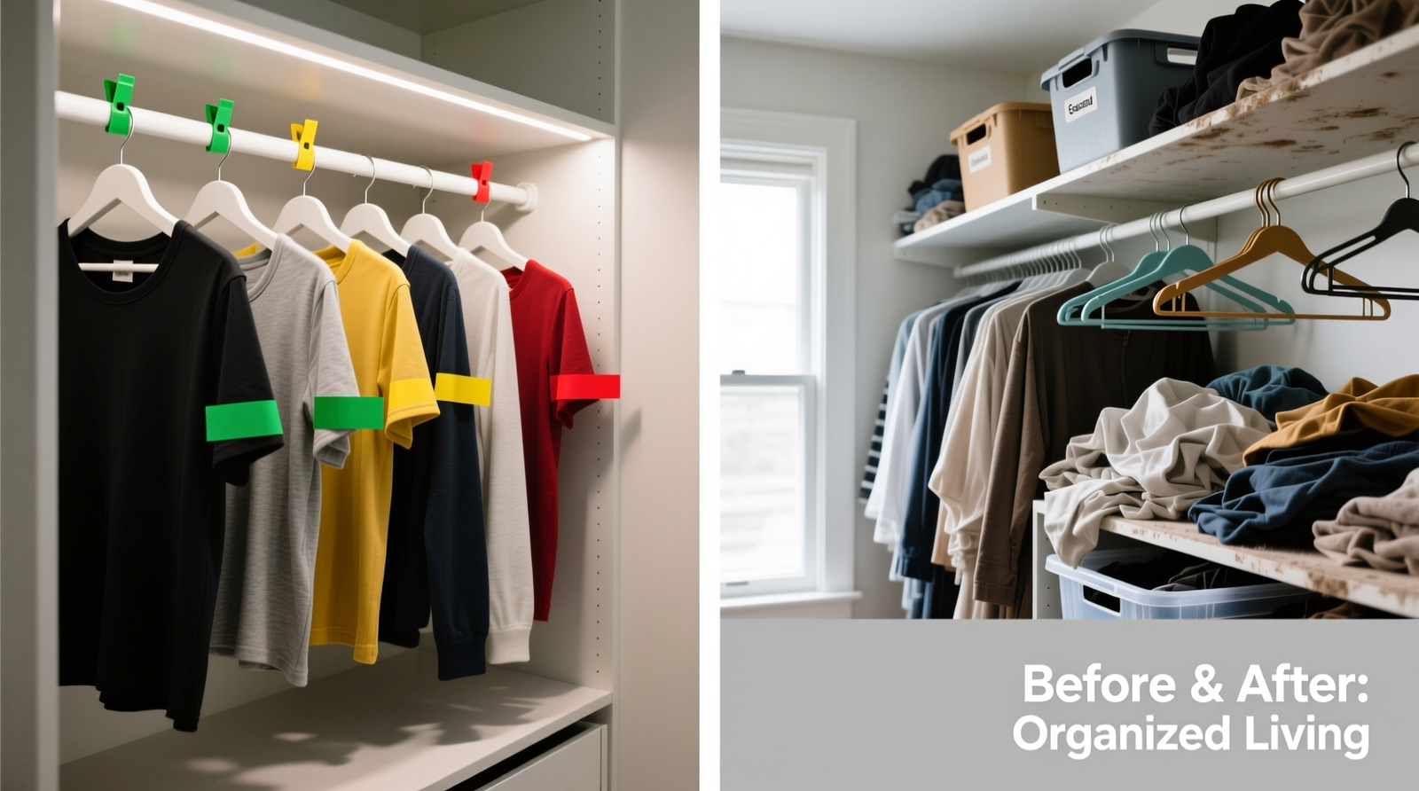 Side-by-side closet view: left side shows neatly hung tops sorted by frequency tier with green/yellow/red tape markers on rod; right side shows same closet before, with mismatched hangers, visible clutter, and seasonal bins half-open on shelf