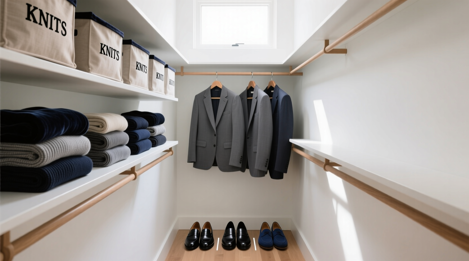 A narrow 24-inch-deep closet showing double-hang rods, vertically folded knits in labeled fabric bins on shelf, slim velvet hangers holding structured tops and trousers, and a single row of shoes aligned on floor