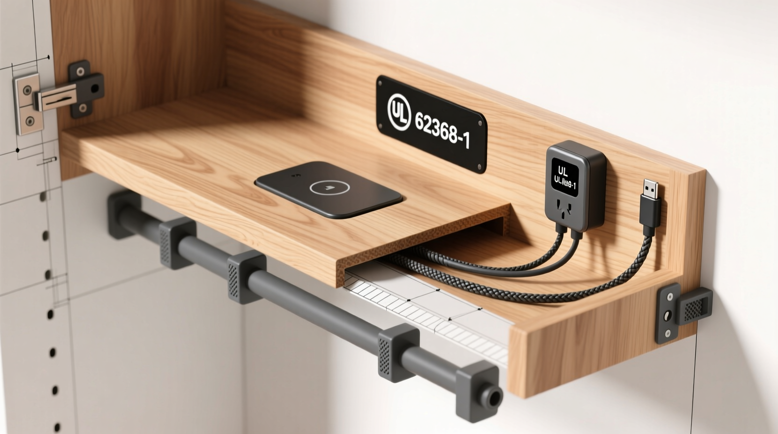 Cross-section diagram showing a wooden closet shelf with recessed charging plate, routed cable path beneath lip, nylon clamps securing braided USB-C cables, and UL-listed power module mounted to rear support bracket