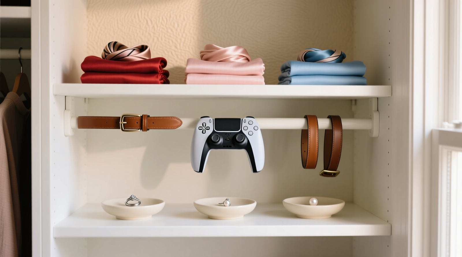 A matte-black repurposed PlayStation stand mounted vertically inside a white walk-in closet, holding rolled silk scarves on the top shelf, woven belts looped over the middle bar, and two structured sun hats resting on the bottom shelf—clean, uncluttered, and fully visible
