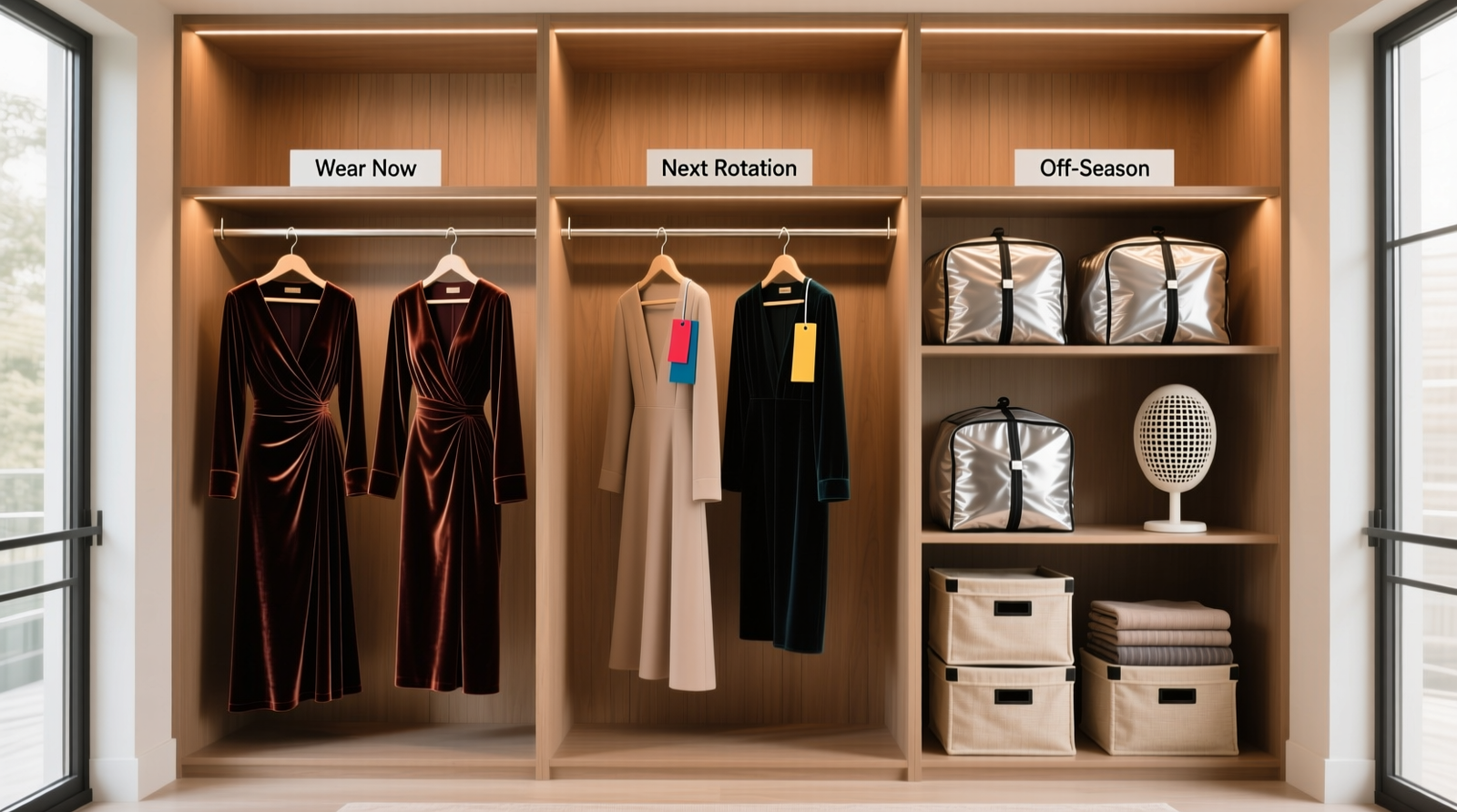 A well-lit walk-in closet showing three clearly labeled hanging zones: 'Wear Now' (with 4 costumes on velvet hangers), 'Next Rotation' (2 costumes with color-coded tags), and 'Off-Season' (3 vacuum-sealed bags on open shelving beside a ventilated wig stand and folded fabric cubes stacked neatly on canvas bins)