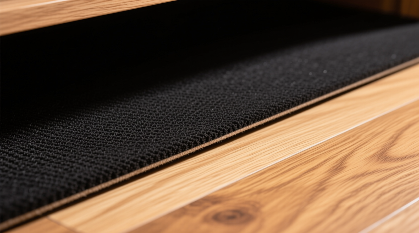 Close-up of a precisely trimmed, matte-black felt-rubber closet floor protector laid flat over light oak hardwood, showing seamless edge alignment and visible wood grain beneath the thin, non-reflective surface