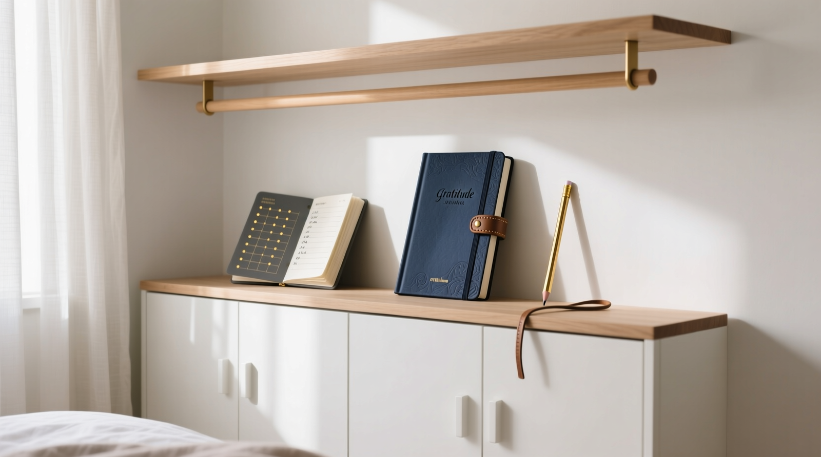 A minimalist white closet with light oak floating shelf mounted above hanging rods; on the shelf sits a navy cloth-bound gratitude journal, a charcoal-gray habit tracker notebook with gold-dot checklist, and a short brass pencil held by a leather loop. No other items visible.