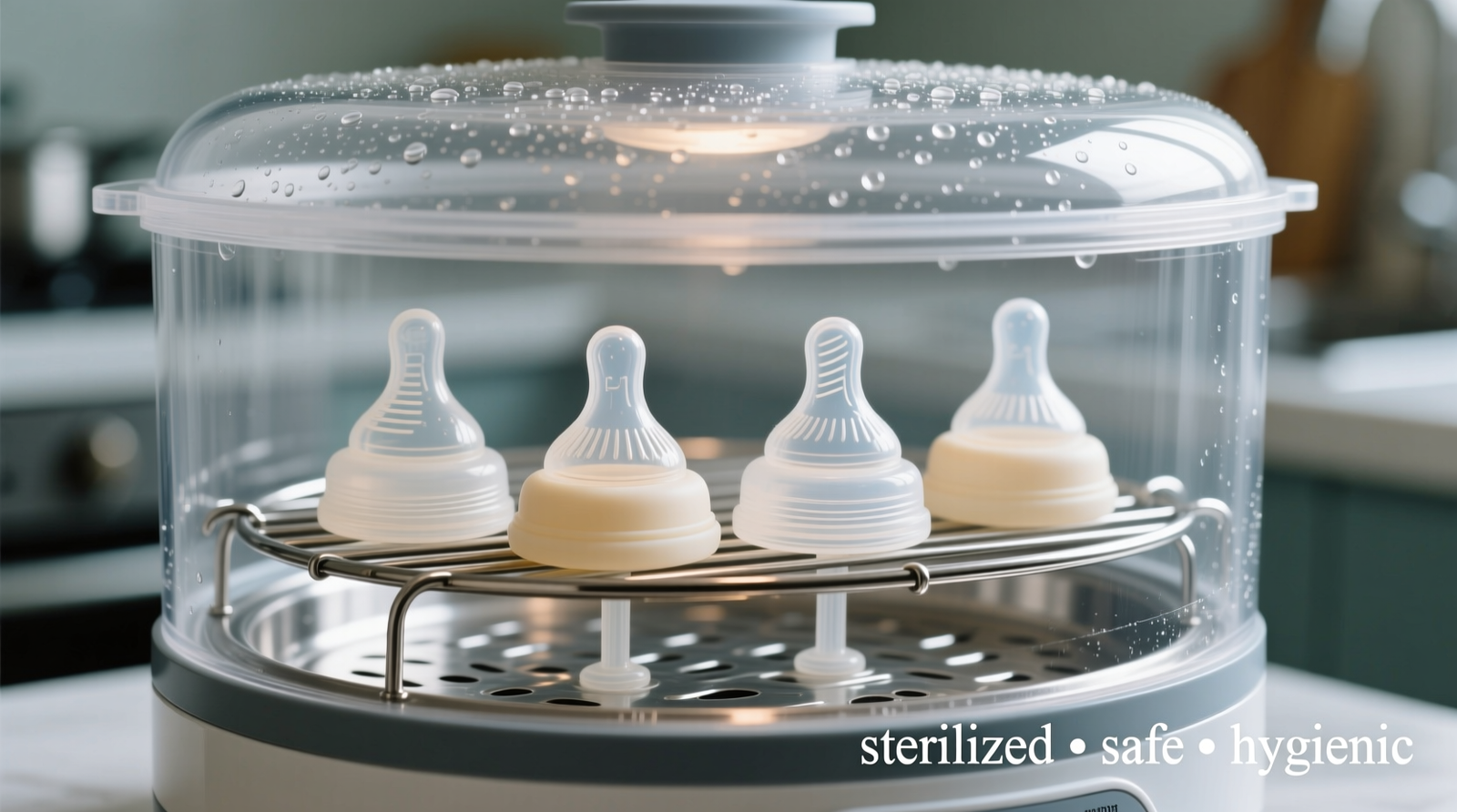 Close-up photo of silicone baby bottle nipples placed upright on a stainless steel steaming rack inside a clear electric steam sterilizer, with visible condensation on the lid and no water contact below
