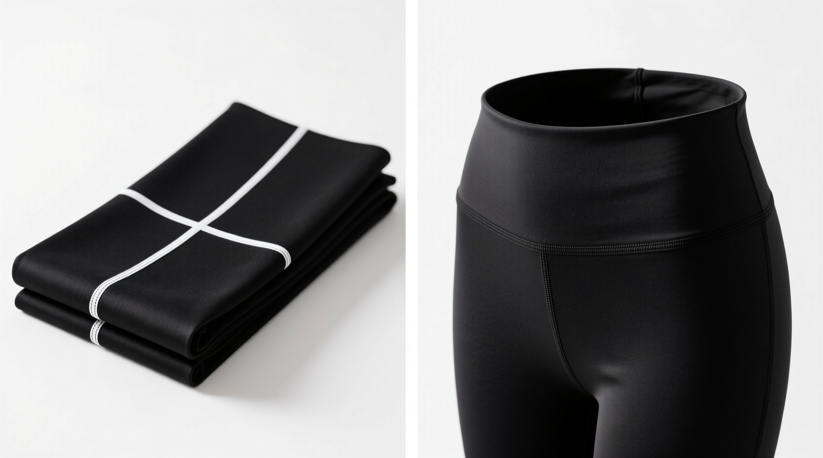 Side-by-side comparison: left shows a horizontally folded pair of black leggings with visible white horizontal crease across mid-thigh; right shows same leggings rolled vertically with smooth, uninterrupted fabric surface and waistband folded outward as a soft cap